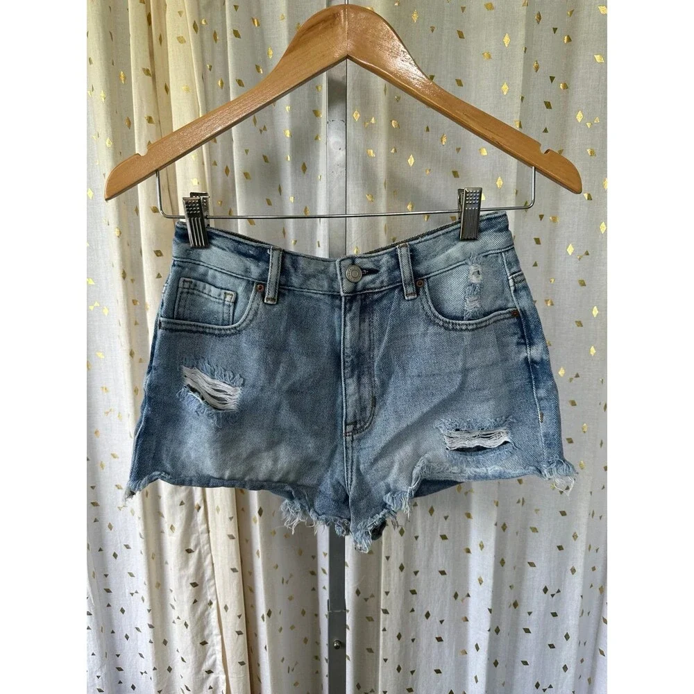 PacSun 100% Cotton High Rise Festival Distressed Raw Hem Denim Shorts 25
